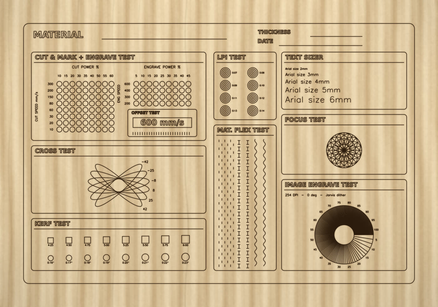 Engraved LaserCurio calibration card on birch plywood with power, speed, focus and kerf tests